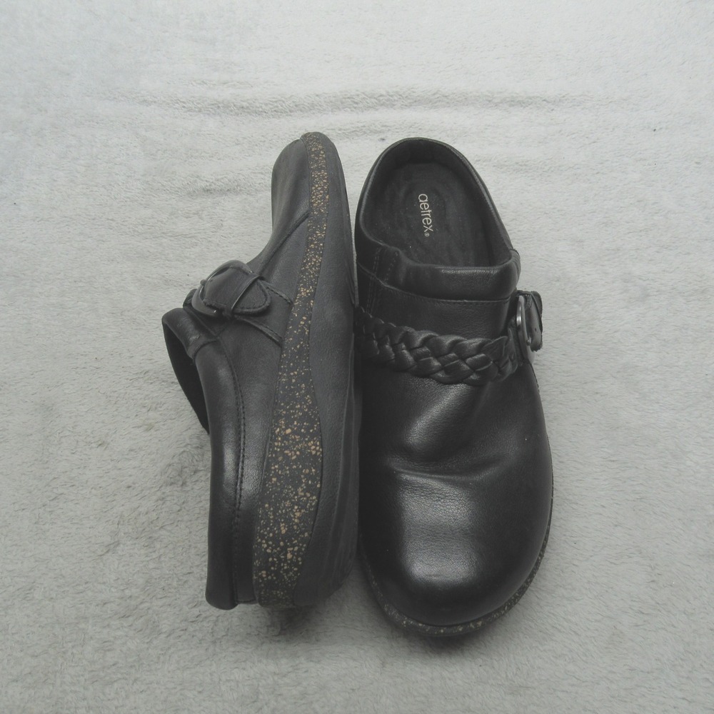 Aetrex Womens 10.5-11 Libby Clogs Sandals Black Leather Braided Buckle Slip On‎